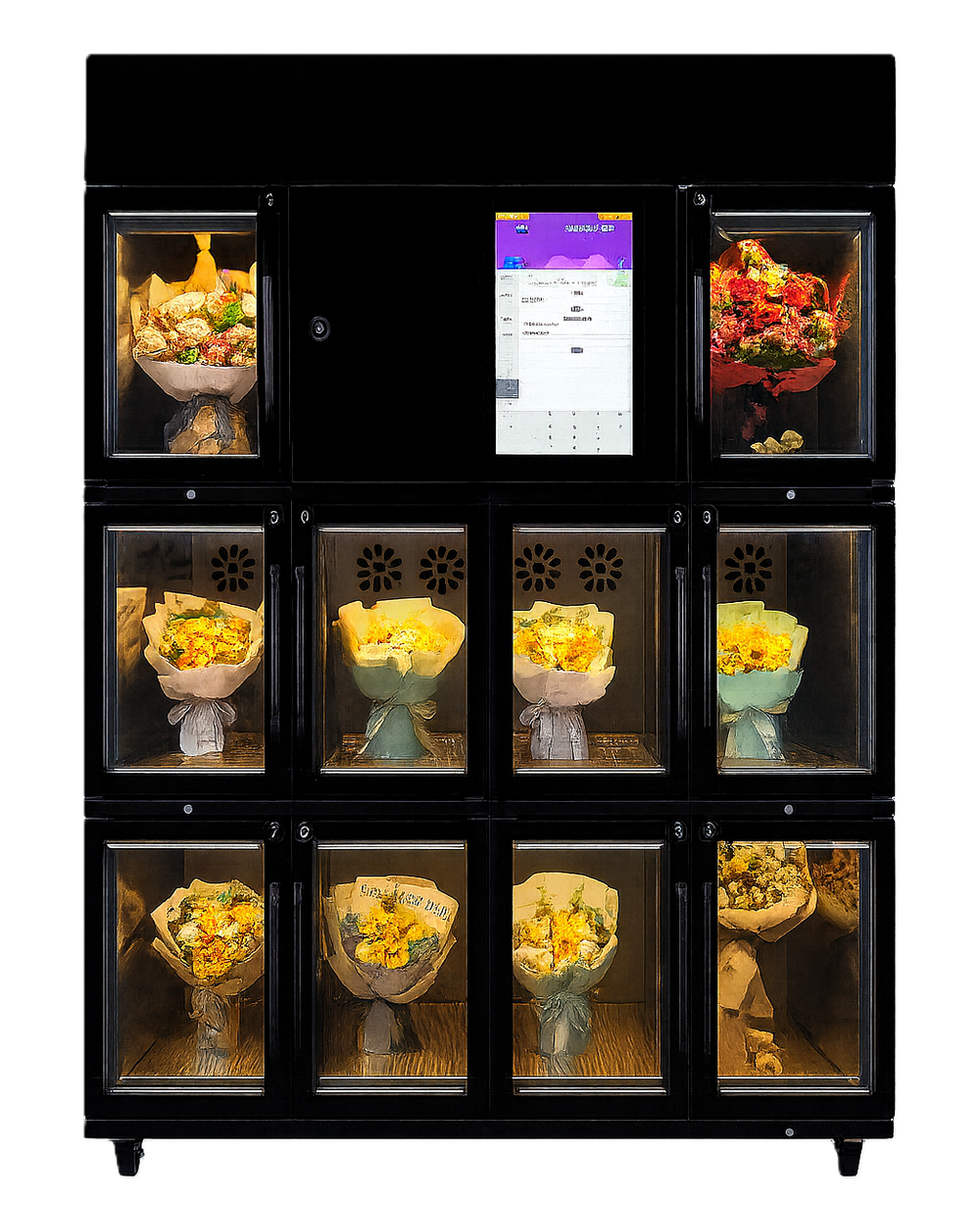 Blumenautomat im Innenbereich mit Fächern für Blumen und Sträuße.
