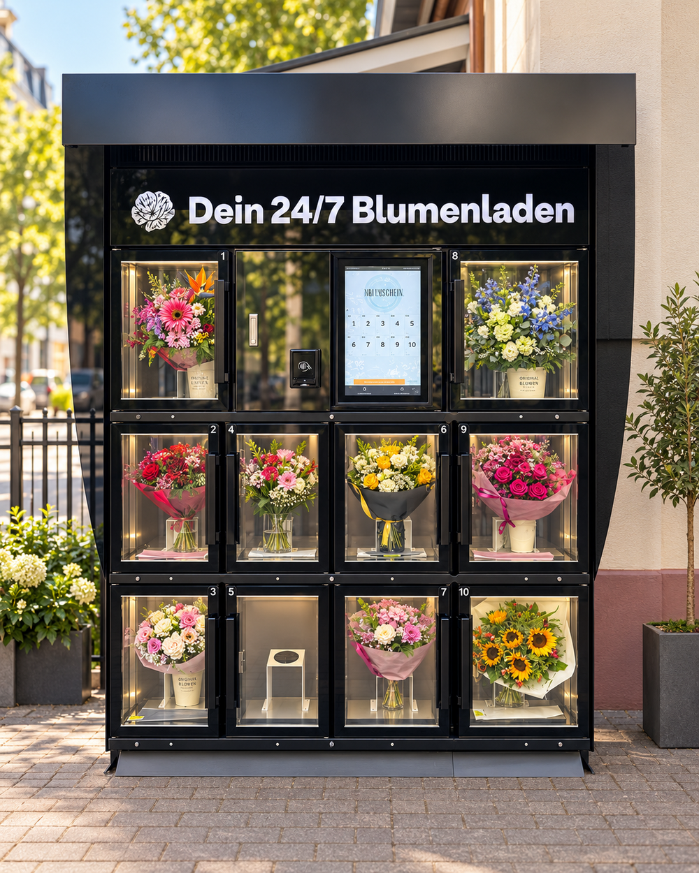 Schwarzer Outdoor-Blumenautomat mit zehn beleuchteten Blumenfächern bei Mohnschein in Frankfurt am Main.