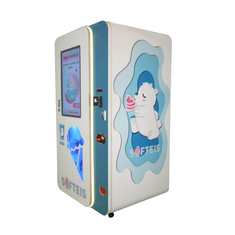 Softeisautomat von Singh Vendo in Frankfurt, schräg von vorne mit seitlicher Produktgrafik